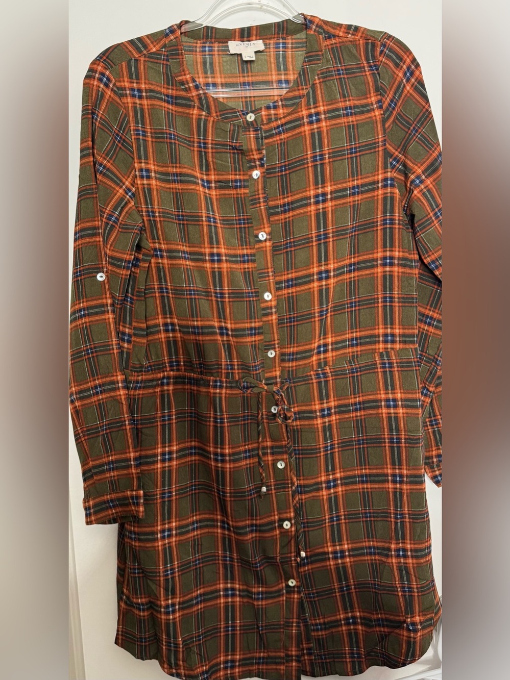 Everly Olive and Orange Plaid Button-Front Tunic dress fall sz small